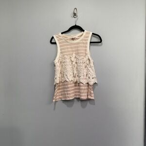 Anthropologie Postmark Tan White Striped Lace Overlay Sleeveless Top Medium